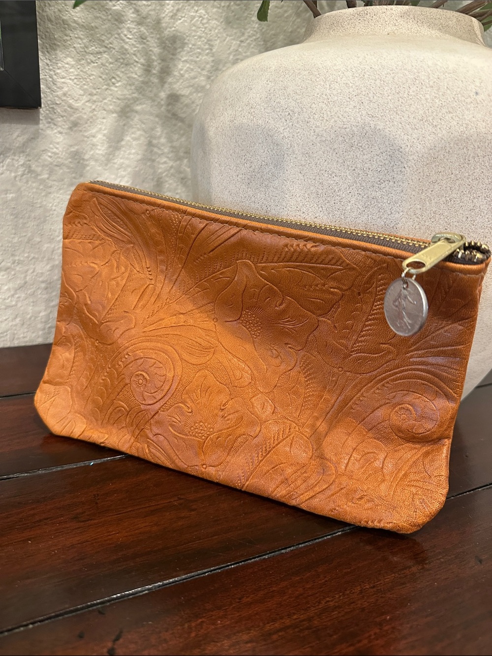 Embossed Camel Colored Leather Zip Pouch